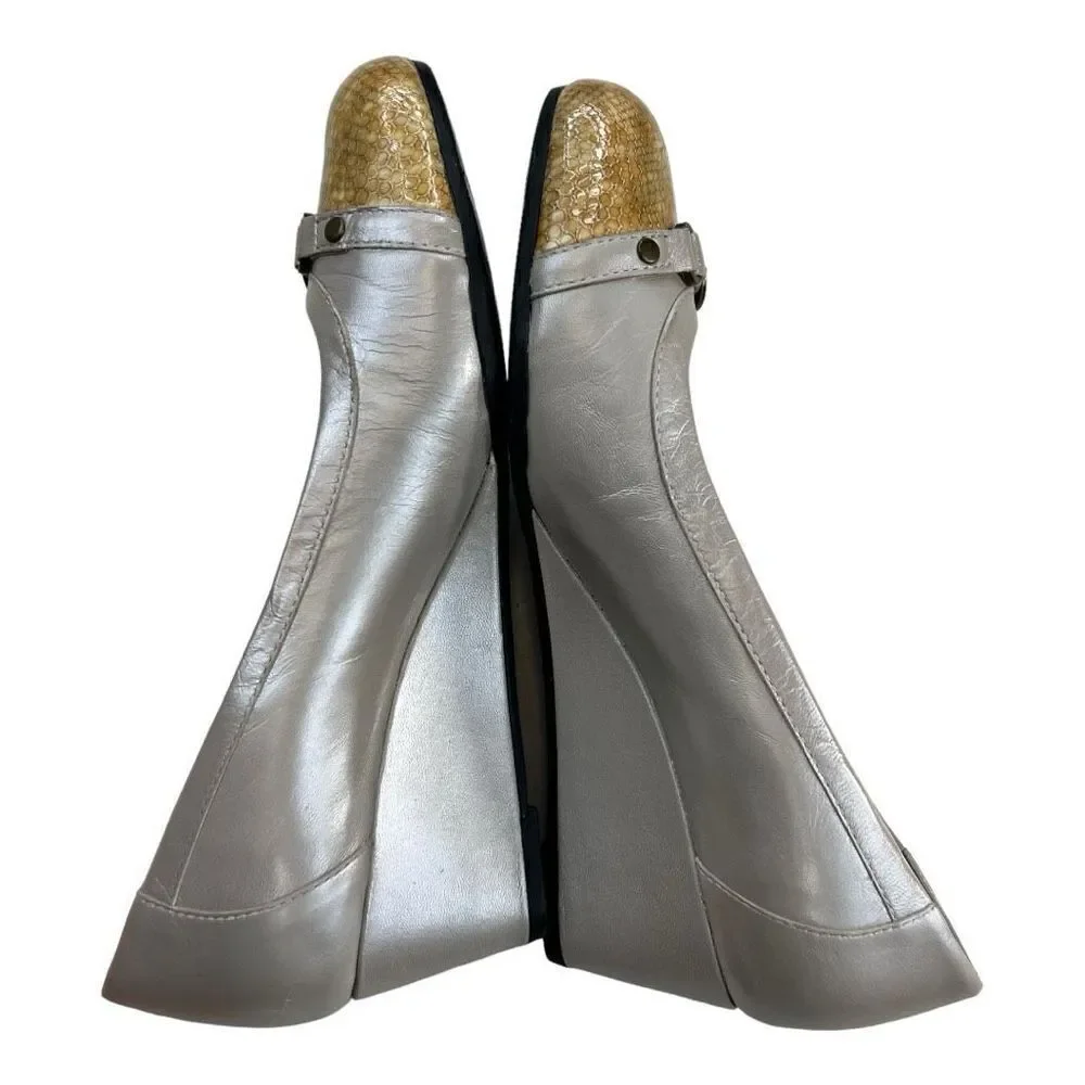 Vaneli Women's Cap Toe Slip On Pumps Wedge Heels Shoes Ivory White Gold Size 6.5